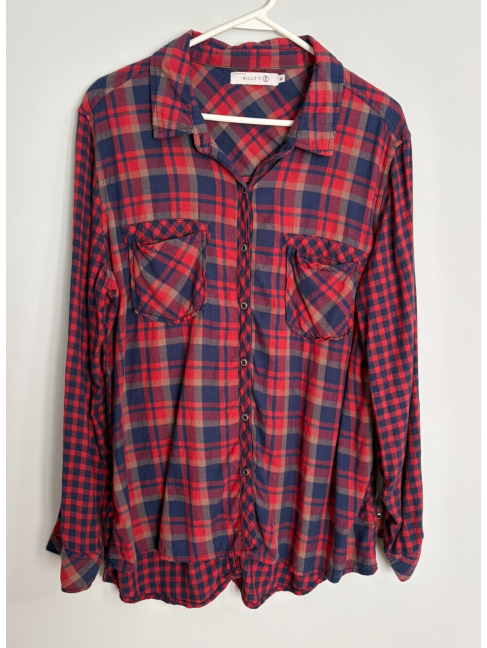 Billy T Plaid Patchwork Red Blue Button Front Shirt Lyocell XL Lightweight Boho